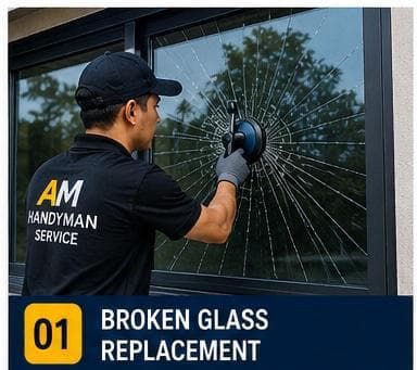 Technician replacing shattered window glass in a Singapore HDB living room