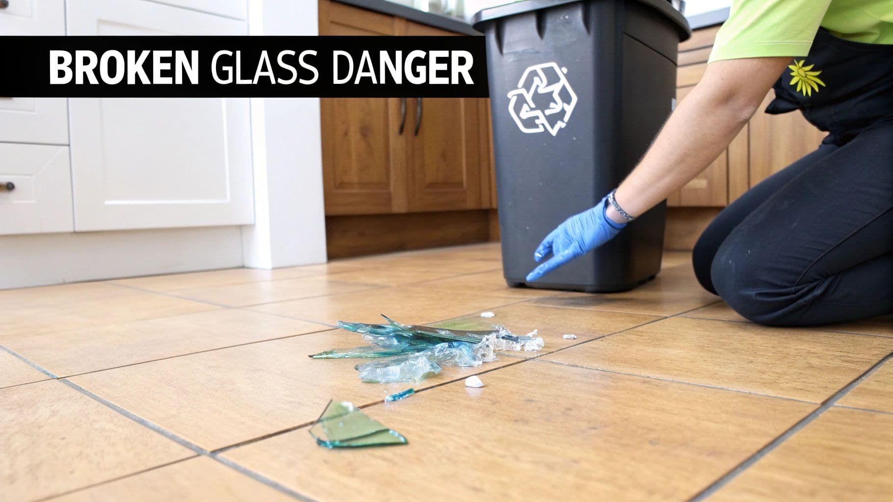 Worker sweeping up broken glass shards after a replacement