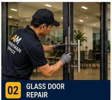 Technician repairing a misaligned glass door in a Singapore office