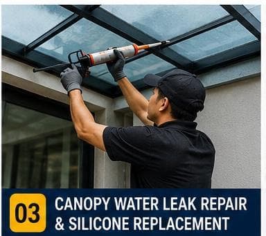 Worker applying fresh silicone on a leaking polycarbonate canopy of a Singapore terrace house