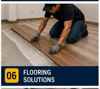 Worker installing vinyl flooring planks in a living room