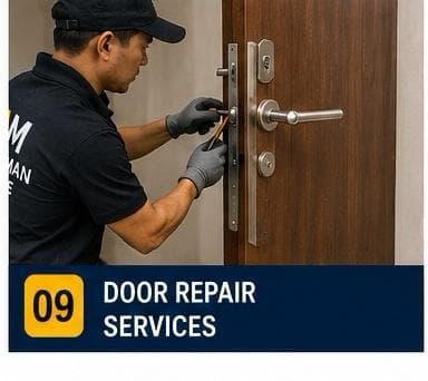 Technician adjusting a misaligned wooden door hinge