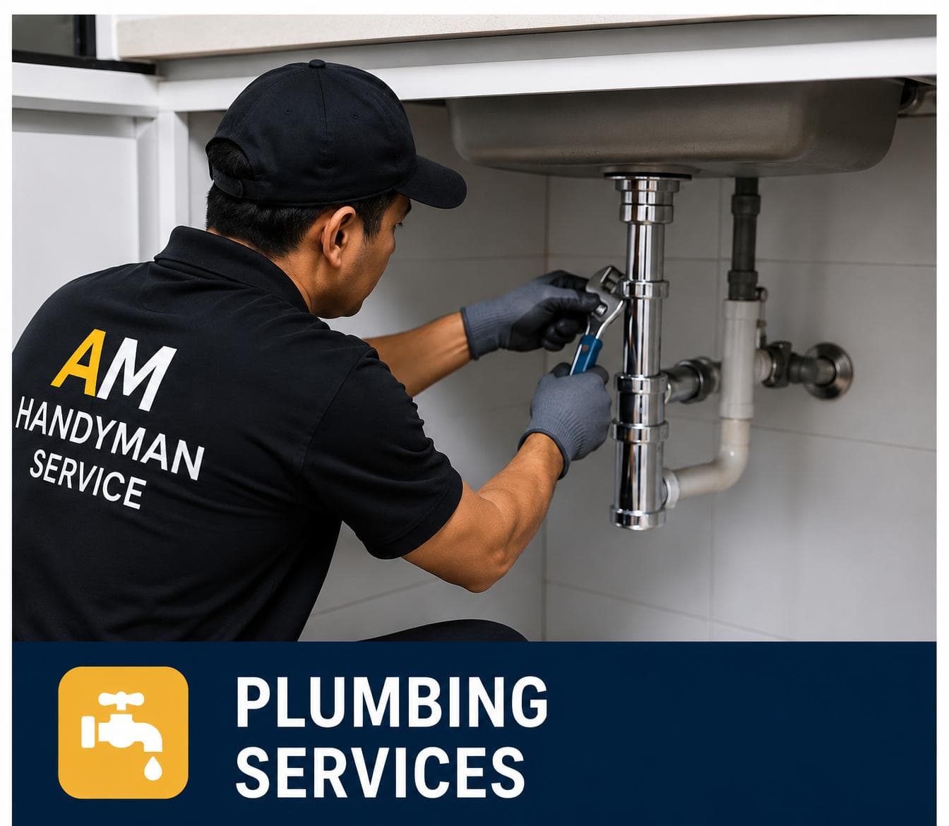 Plumber repairing a kitchen sink pipe under a cabinet