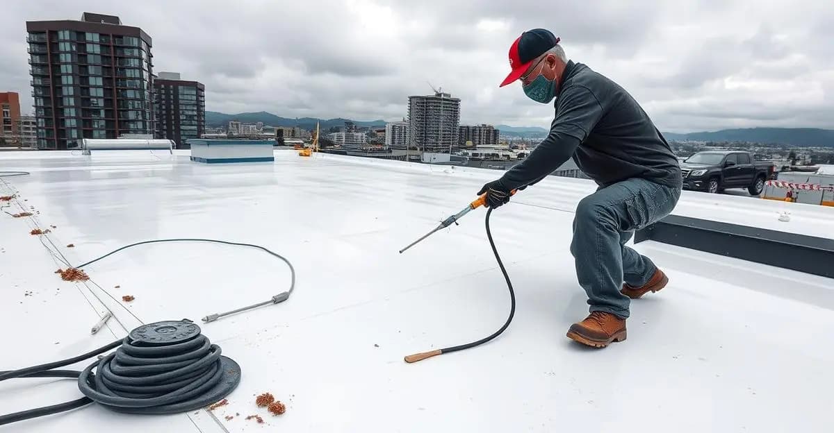 Worker applying fresh silicone on a leaking polycarbonate canopy of a Singapore terrace house